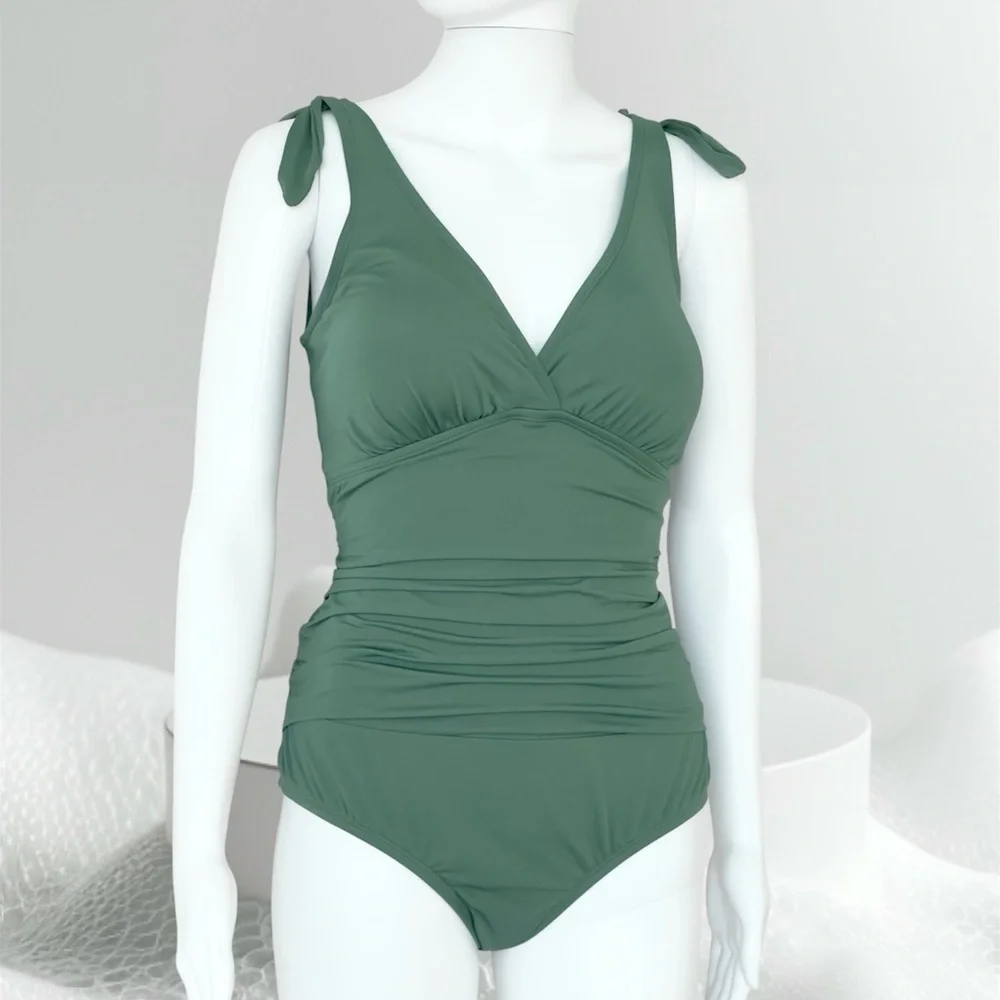 JANTZEN One Piece Surplice Swimsuit Solid Green Lined Stretch Tummy Friendly - Picture 1 of 9